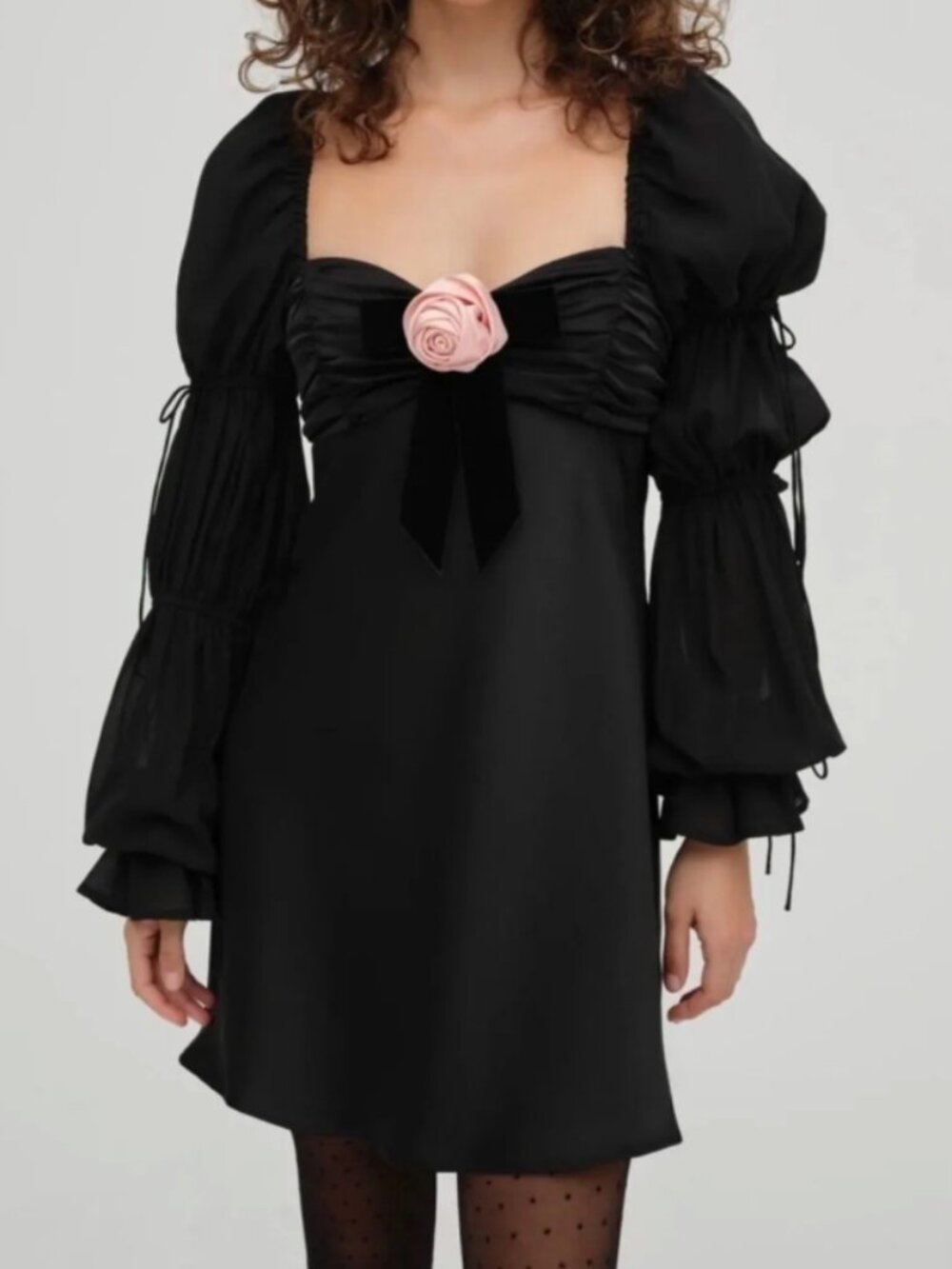 For Love & Lemons Black Mini Dress with Pink Rose Accent